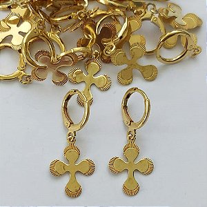 BRINCO NO BRUTO PRONTO PARA O BANHO - BRINCO ARGOLINHA DE PRESSÃO (E3391) COM PINGENTE CRUCIFIXO 17MM - PESO TOTAL 2GR - COMPOSIÇÃO: 100% LATÃO - BRU15153