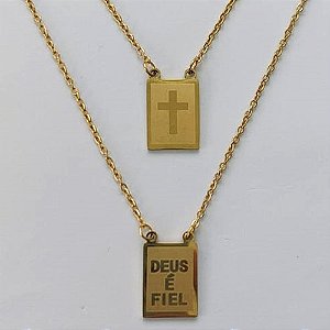ESCAPULÁRIO EM AÇO INOXIDÁVEL -  ESCAPULÁRIO DOURADO DEUS É FIÉL E CRUCIFIXO - TAMANHO: 60CM - COMPOSIÇÃO: AÇO INOXIDÁVEL - AÇO2074