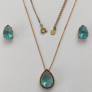 CONJUNTO NO BRUTO PRONTO PARA O BANHO - CONJUNTO COM CORRENTE VENEZIANA 45CM - BRINCOS DE PINO E PINGENTE BASE EM ALTA FUSÃO COM ZIRCÔNIAS NEGRAS E PEDRA EM ZIRCÔNIA AZUL 10X14MM - PESO TOTAL 8,2GR - BRU15174