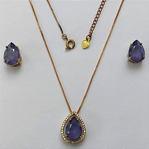 CONJUNTO NO BRUTO PRONTO PARA O BANHO - CONJUNTO COM CORRENTE VENEZIANA 45CM - BRINCOS DE PINO E PINGENTE BASE EM ALTA FUSÃO COM ZIRCÔNIAS CRISTAIS E PEDRA EM ZIRCÔNIA LILÁS 10X14MM - PESO TOTAL 8,2GR - BRU15176