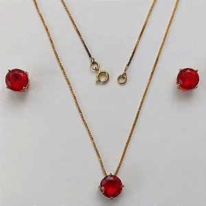 CONJUNTO NO BRUTO PRONTO PARA O BANHO - CONJUNTO COM CORRENTE VENEZIANA 45CM - BRINCOS DE PINO E PINGENTE BASE EM ALTA FUSÃO COM ZIRCÔNIA REDONDA VERMELHA 10X10MM - PESO TOTAL 6,1GR - BRU15177