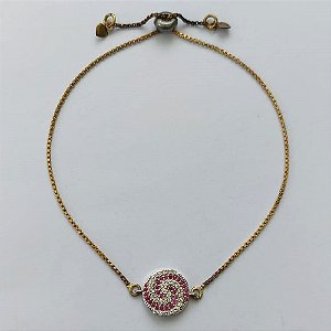 PULSEIRA GRAVATINHA NO BRUTO PRONTA PARA O BANHO - PULSEIRA AJUSTÁVEL COM PINGENTE REDONDO CRAVEJADO EM MICROS ZIRCÔNIAS - PESO 2,GR - BRU15180