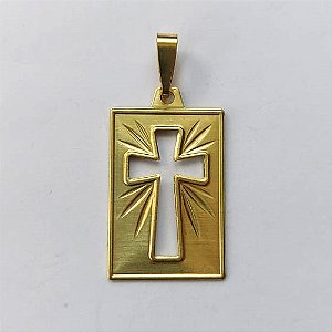 PINGENTE NO BRUTO PRONTA PARA BANHO - (E3363) PINGENTE RETANGULAR CRUCIFIXO VAZADO 18X25MM - COMPOSIÇÃO: 100% LATÃO - PESO 1,6GR - BRU15195