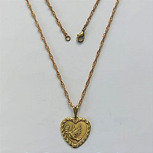 GARGANTILHA NO BRUTO PRONTA PARA BANHO - GARGANTILHA COM CORRENTE SINGAPURA 45CM (4979) PINGENTE CORAÇÃO ESPÍRITO SANTO 17MM - COMPOSIÇÃO: 100% LATÃO - PESO 3,4GR - BRU15199
