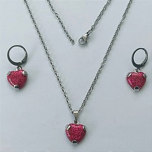 CONJUNTO EM AÇO INOXIDÁVEL - (AÇO03) - (CX.75)  CONJUNTO COM CORRENTE 50CM E BRINCOS ARGOLINHA DE PRESSÃO COM PINGENTES CORAÇÃO EM CRISTAL COM GLITTER ROSA 12MM - COMPOSIÇÃO: AÇO INOXIDÁVEL - AÇO2087