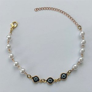 PULSEIRA NO BRUTO PRONTA PARA O BANHO - PULSEIRA COM PÉROLAS E OLHOS GREGOS - TAMANHO 18CM - PESO 2,4GR - FECHO LAGOSTA - BRU15220
