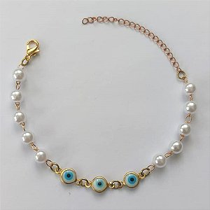PULSEIRA NO BRUTO PRONTA PARA O BANHO - PULSEIRA COM PÉROLAS E OLHOS GREGOS - TAMANHO 18CM - PESO 2,4GR - FECHO LAGOSTA - BRU15221