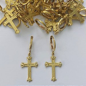 BRINCO NO BRUTO PRONTO PARA O BANHO(CX02) - (E2234) BRINCO ARGOLINHA DE PRESSÃO COM PINGENTE CRUCIFIXO 20MM - PESO 1,5GR - BRU15228