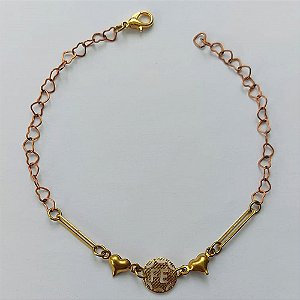 PULSEIRA NO BRUTO PRONTA PARA O BANHO - (CX.04)  PULSEIRA COM CORAÇÕES E PINGENTE FÉ - TAMANHO 18CM - PESO TOTAL 2GR - BRU15259
