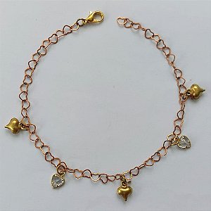 PULSEIRA NO BRUTO PRONTA PARA O BANHO -  (CX.07)  PULSEIRA COM CORAÇÕES DUPLOS E CORAÇÕES EM CRISTAIS - TAMANHO 18CM - PESO TOTAL 1,9GR - BRU15262