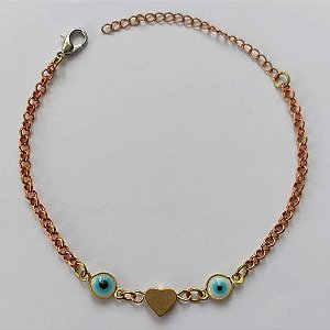 PULSEIRA NO BRUTO PRONTA PARA O BANHO - (CX.03)  PULSEIRA COM CORAÇÃO E OLHOS GREGOS - TAMANHO 18CM - PESO TOTAL 2,7GR - BRU15265