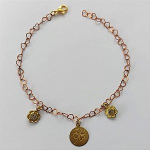 PULSEIRA NO BRUTO PRONTA PARA O BANHO -   (CX.07) PULSEIRA COM FLORES CRISTAIS E PINGENTE REDONDO TREVO  - TAMANHO 18CM - PESO TOTAL 2,2GR - BRU15269