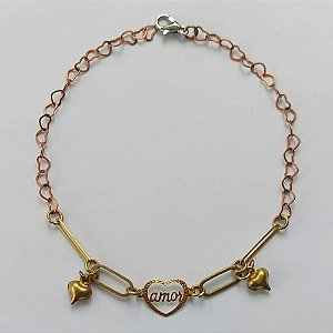 PULSEIRA NO BRUTO PRONTA PARA O BANHO - (CX.04)  PULSEIRA COM CORAÇÕES DUPLOS E CORAÇÃO VAZADO COM PALAVRA AMOR - TAMANHO 18CM - PESO TOTAL 1,6GR- BRU15274