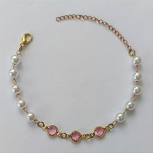 PULSEIRA NO BRUTO PRONTA PARA O BANHO - (CX.03) PULSEIRA COM PÉROLAS E CRISTAIS ROSAS - TAMANHO 18CM - PESO TOTAL 2,1GR- BRU15275