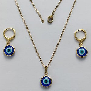 CONJUNTO NO BRUTO PRONTO PARA O BANHO - CONJUNTO COM CORRENTE CADEADO 45CM COM BRINCOS ARGOLINHA DE PRESSÃO E PINGENTES OLHO GREGO 10MM - PESO: 3,6GR - COMPOSIÇÃO: 100% LATÃO - BRU15332
