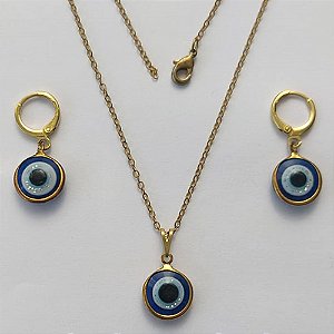 CONJUNTO NO BRUTO PRONTO PARA O BANHO - CONJUNTO COM CORRENTE CADEADO 45CM COM BRINCOS ARGOLINHA DE PRESSÃO E PINGENTES OLHO GREGO 12MM - PESO: 4,1GR - COMPOSIÇÃO: 100% LATÃO - BRU15333