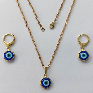 CONJUNTO NO BRUTO PRONTO PARA O BANHO - CONJUNTO COM CORRENTE SINGAPURA 45CM COM BRINCOS ARGOLINHA DE PRESSÃO E PINGENTES OLHO GREGO 10MM - PESO: 3GR - COMPOSIÇÃO: 100% LATÃO - BRU15353