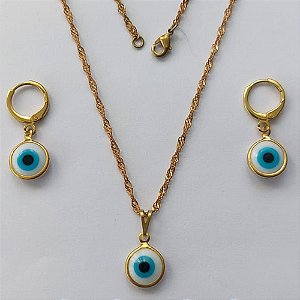 CONJUNTO NO BRUTO PRONTO PARA O BANHO - CONJUNTO COM CORRENTE SINGAPURA 45CM COM BRINCOS ARGOLINHA DE PRESSÃO E PINGENTES OLHO GREGO 10MM - PESO: 3,1GR - COMPOSIÇÃO: 100% LATÃO - BRU15354