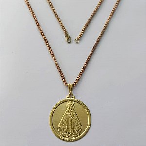 GARGANTILHA NO BRUTO PRONTA PARA O BANHO - (00026090 (3.1290) GARGANTILHA COM CORRENTE 3MM - TAMANHO: 70CM COM PINGENTE MEDALHA NOSSA SRA APARECIDA 39MM - PESO: 23,3GR - BRU15405