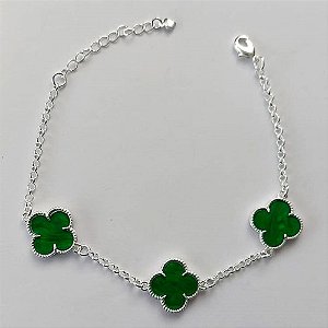PULSEIRA FOLHEADO A PRATA COM 50 MILÉSIMOS + VERNIZ DIAMOND - PULSEIRA 18CM VAN CLEEF VERDE FECHO LAGOSTA - PRA528