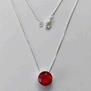 GARGANTILHA FOLHEADA A PRATA COM 50 MILÉSIMOS + VERNIZ DIAMOND - GARGANTILHA CORRENTE VENEZIANA 45CM COM PEDRA VERMELHA REDONDA 11MM -PRA534
