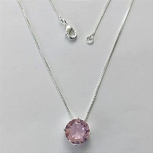 GARGANTILHA FOLHEADA A PRATA COM 50 MILÉSIMOS + VERNIZ DIAMOND - GARGANTILHA CORRENTE VENEZIANA 45CM COM PEDRA REDONDA ROSA 11MM -PRA536