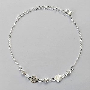 PULSEIRA FOLHEADO A PRATA COM 50 MILÉSIMOS + VERNIZ DIAMOND - PULSEIRA 17CM COM PÉROLAS E CÍRCULOS DESENHADOS FECHO LAGOSTA E EXTENSOR- PRA543