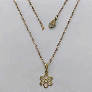 GARGANTILHA NO BRUTO PRONTA PARA O BANHO - (V3884) GARGANTILHA COM CORRENTE CADEADO 45CM E PINGENTE FLOR VAZADA 10MM - PESO: 1,2GR - COMPOSIÇÃO: 100% LATÃO - BRU15437
