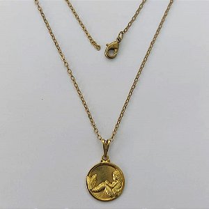 GARGANTILHA NO BRUTO PRONTA PARA O BANHO - (2970) GARGANTILHA COM CORRENTE CADEADO 45CM E PINGENTE REDONDO SEREIA 15MM - PESO: 1,2GR - COMPOSIÇÃO: 100% LATÃO - BRU15439