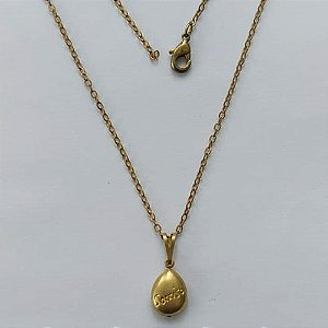 GARGANTILHA NO BRUTO PRONTA PARA O BANHO - (E460/7) GARGANTILHA COM CORRENTE CADEADO 45CM E PINGENTE GOTA DUPLA COM PALAVRAS SORRISO E SAÚDE 13MM - PESO: 1,4GR - COMPOSIÇÃO: 100% LATÃO - BRU15440