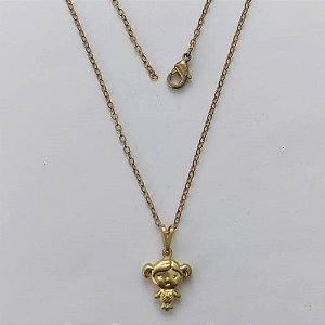 GARGANTILHA NO BRUTO PRONTA PARA O BANHO - (E1649) GARGANTILHA COM CORRENTE CADEADO 45CM E PINGENTE MENINA 15MM - PESO: 1,7GR - COMPOSIÇÃO: 100% LATÃO - BRU15450