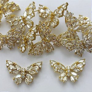 BRINCO NO BRUTO PRONTO PARA O BANHO - BRINCO DE PINO BORBOLETA CRAVEJADA EM MICROS ZIRCÔNIAS 24MM - COMPOSIÇÃO: LATÃO / ZIRCÔNIA - PESO TOTAL 5,5GR - BRU15478