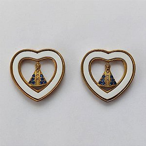 BRINCO NO BRUTO PRONTO PARA O BANHO - BRINCO DE PINO CORAÇÃO COM NOSSA SRA APARECIDA CRAVEJADA EM MICROS ZIRCÔNIAS AZUIS 19MM - (NÃO ACOMPANHA COLA PARA FIXAÇÃO DO ARO BRANCO) COMPOSIÇÃO: LATÃO / ZIRCÔNIA - PESO TOTAL 3,8GR - BRU15479