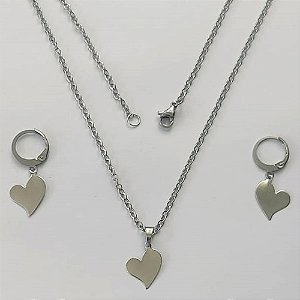 CONJUNTO EM AÇO INOXIDÁVEL (CX117)- (AÇO03) - CONJUNTO COM CORRENTE 50CM E BRINCOS ARGOLINHA DE PRESSÃO COM PINGENTES CORAÇÃO LISO 11MM - COMPOSIÇÃO: AÇO INOXIDÁVEL - AÇO2113