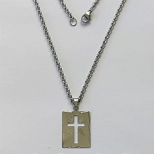 GARGANTILHA EM AÇO INOXIDÁVEL (CX117)-  GARGANTILHA COM CORRENTE( BCL33) 50CM E PINGENTE RETANGULAR COM CRUCIFIXO VAZADO 14X20MM - COMPOSIÇÃO: AÇO INOXIDÁVEL - AÇO2118