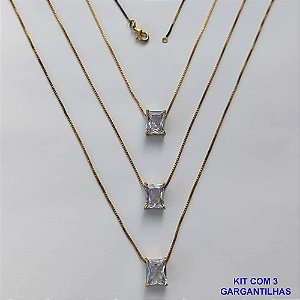 GARGANTILHA NO BRUTO PRONTA PARA O BANHO - KIT COM 3 GARGANTILHAS COM CORRENTES VENEZIANA 45CM E PINGENTE EM ZIRCÔNIA CRISTAL RETANGULAR 8X10CM - PESO TOTAL 10,5GR - BRU15486