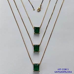 GARGANTILHA NO BRUTO PRONTA PARA O BANHO - KIT COM 3 GARGANTILHAS COM CORRENTES VENEZIANA 45CM E PINGENTE EM ZIRCÔNIA VERDE RETANGULAR 8X10CM - PESO TOTAL 10,5GR - BRU15487