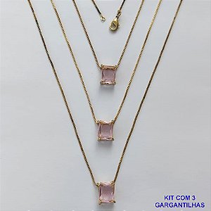 GARGANTILHA NO BRUTO PRONTA PARA O BANHO - KIT COM 3 GARGANTILHAS COM CORRENTES VENEZIANA 45CM E PINGENTE EM ZIRCÔNIA ROSA RETANGULAR 8X10CM - PESO TOTAL 10,5GR - BRU15488