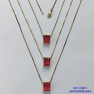 GARGANTILHA NO BRUTO PRONTA PARA O BANHO - KIT COM 3 GARGANTILHAS COM CORRENTES VENEZIANA 45CM E PINGENTE EM ZIRCÔNIA VERMELHA RETANGULAR 8X10CM - PESO TOTAL 10,5GR - BRU15490