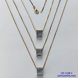 GARGANTILHA NO BRUTO PRONTA PARA O BANHO - KIT COM 3 GARGANTILHAS COM CORRENTES VENEZIANA 45CM E PINGENTE EM ZIRCÔNIA LILÁS RETANGULAR 8X10CM - PESO TOTAL 10,5GR - BRU15491