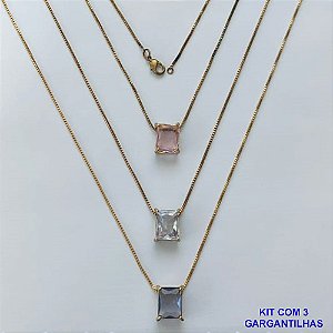GARGANTILHA NO BRUTO PRONTA PARA O BANHO - KIT COM 3 GARGANTILHAS COM CORRENTES VENEZIANA 45CM E PINGENTE EM ZIRCÔNIA RETANGULAR 8X10CM - PESO TOTAL 10,5GR - BRU15492