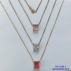 GARGANTILHA NO BRUTO PRONTA PARA O BANHO - KIT COM 3 GARGANTILHAS COM CORRENTES VENEZIANA 45CM E PINGENTE EM ZIRCÔNIA RETANGULAR 8X10CM - PESO TOTAL 10,5GR - BRU15493