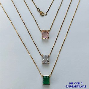 GARGANTILHA NO BRUTO PRONTA PARA O BANHO - KIT COM 3 GARGANTILHAS COM CORRENTES VENEZIANA 45CM E PINGENTE EM ZIRCÔNIA RETANGULAR 8X10CM - PESO TOTAL 10,5GR - BRU15494