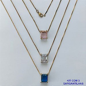 GARGANTILHA NO BRUTO PRONTA PARA O BANHO - KIT COM 3 GARGANTILHAS COM CORRENTES VENEZIANA 45CM E PINGENTE EM ZIRCÔNIA RETANGULAR 8X10CM - PESO TOTAL 10,5GR - BRU15495