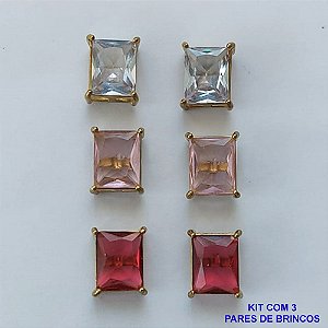 BRINCO NO BRUTO PRONTO PARA O BANHO - KIT COM 3 BRINCOS DE PINO COM ZIRCÔNIA RETANGULAR 8X10MM - PESO TOTAL 8,9GR - BRU15496