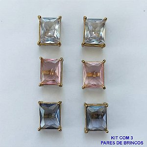 BRINCO NO BRUTO PRONTO PARA O BANHO - KIT COM 3 BRINCOS DE PINO COM ZIRCÔNIA RETANGULAR 8X10MM - PESO TOTAL 8,9GR - BRU15497