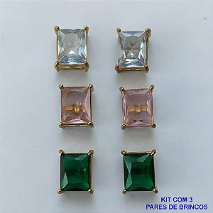 BRINCO NO BRUTO PRONTO PARA O BANHO - KIT COM 3 BRINCOS DE PINO COM ZIRCÔNIA RETANGULAR 8X10MM - PESO TOTAL 8,9GR - BRU15498