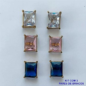 BRINCO NO BRUTO PRONTO PARA O BANHO - KIT COM 3 BRINCOS DE PINO COM ZIRCÔNIA RETANGULAR 8X10MM - PESO TOTAL 8,9GR - BRU15499
