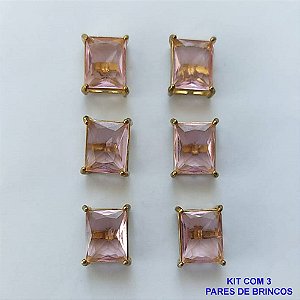 BRINCO NO BRUTO PRONTO PARA O BANHO - KIT COM 3 BRINCOS DE PINO COM ZIRCÔNIA RETANGULAR 8X10MM - PESO TOTAL 8,9GR - BRU15500