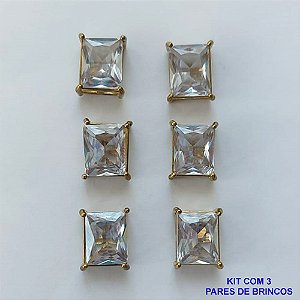 BRINCO NO BRUTO PRONTO PARA O BANHO - KIT COM 3 BRINCOS DE PINO COM ZIRCÔNIA RETANGULAR 8X10MM - PESO TOTAL 8,9GR - BRU15501